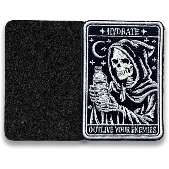 Hydrate Outlive Your Enemies Hook and Loop Patches Grim Reaper, Tactical Funny Military, Embroidered Fabric Applique 3 Inches Morale Patch for Trucker Hats Backpack, Jackets DIY Accessories Christmas