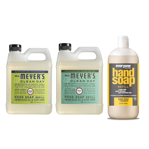 Hydrating Hand Soap Refill in Lemon Verbena, 1 Pack Basil, 33 OZ each + 1, 12.75 OZ Bottle Hand Soap Meyer Lemon for any Soap Dispenser, 33 Fl OZ Per Bottle.