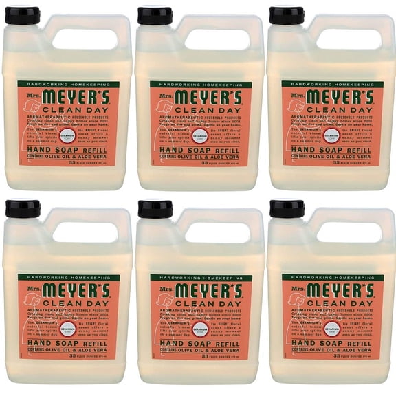 Hydrating Hand Soap Refill in Refreshing Geranium Scent for any Soap Dispenser for Bathroom & Kitchen Essential Oils for Hand Wash Cruelty Free, 33 Fl OZ Per Bottle, 6 Bottles