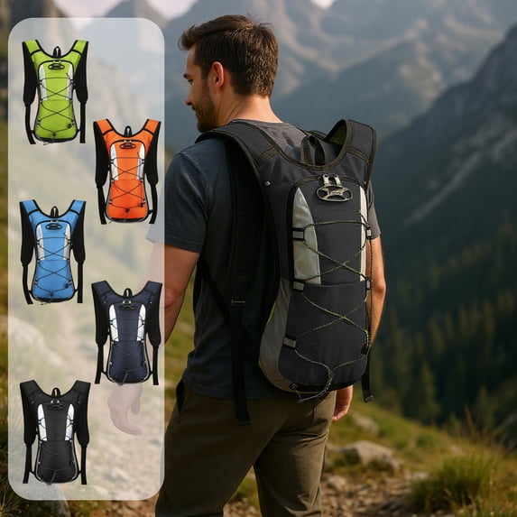 Hydration Backpack 2L Water Pack for Hiking Running Cycling, Lightweight 16.9" Polyester Daypack with Reflective Trim, Adjustable Straps, Mesh Pocket, Black