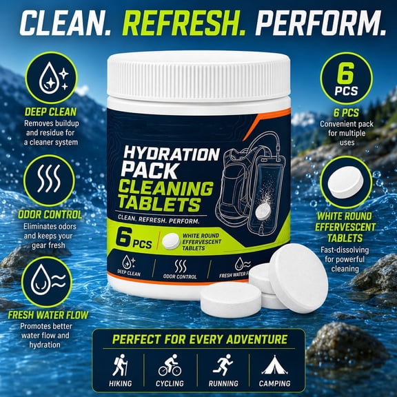 Hydration Pack Cleaning Tablets 6 Count, Water Bladder Reservoir Cleaner for Drinking Bag, Soft Bottle & Straw for Cycling Hiking Camping Outdoor Sports