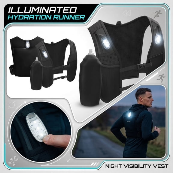 Hydration Running Backpack with 3 LED Lights, Outdoor Sports Vest Pack for Hiking Mountaineering Marathon Trail Running, Hands-Free Hydration System (500ml Water Bladder Included)