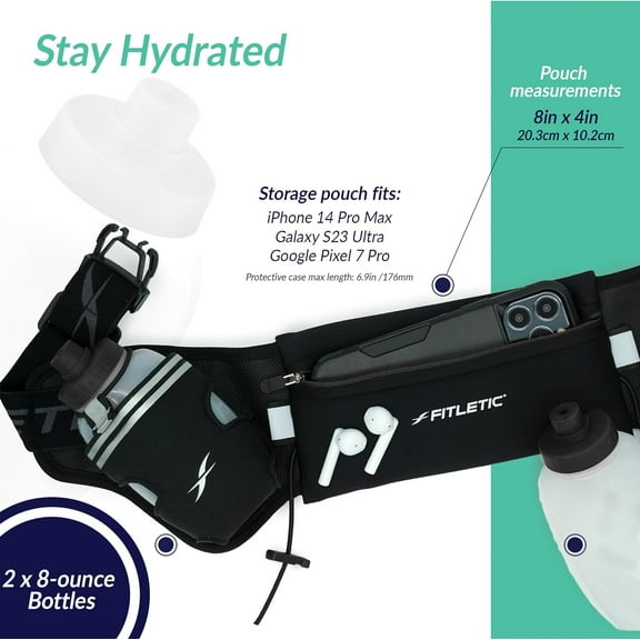 Hydration Running Belt with 2 Quick Flow 8oz Water Bottles, Bounce Free Design, Water Resistant Pouch for All Phones