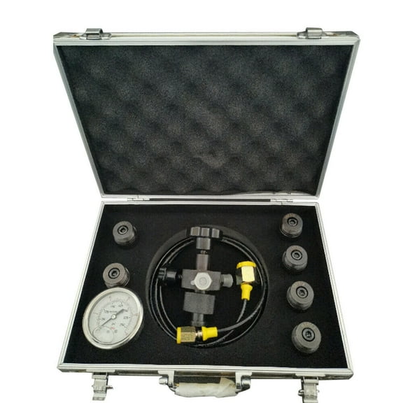 Hydraulic Accumulator Nitrogen Charging Filling Gas Valve Test Kit UNF7/8 7 In 1 Nitrogen Accumulator Charging KitGas Charging System Pressure Test Kit w/Case Hydraulic Accumulator Nitrogen Charging