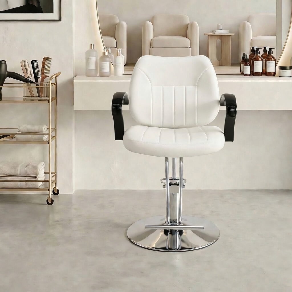 Hydraulic Barber Styling Chair with 360-Degree Swivel and Chrome Base, Heavy-Duty Beauty Salon Chair with PU Leather Upholstery, White