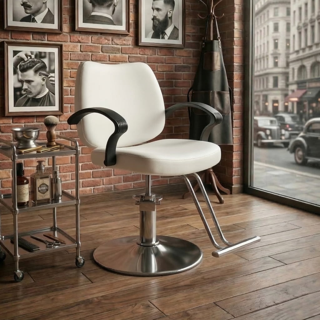 Hydraulic Barber Styling Chair with 360-Degree Swivel and Chrome Base, Heavy-Duty Beauty Salon Chair with PU Leather Upholstery, White