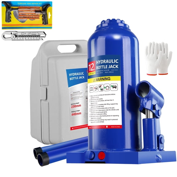 Hydraulic Bottle Jack Heavy Duty - 12 Ton Welded with Tire Kit for Pickup, SUV, RV & Tractor