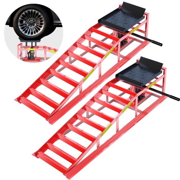 Hydraulic Car Ramps for Oil Change, 5 Ton (11,000 lbs) Heavy Duty Garage Ramps, Adjustable 9.8-15 Inch Lift with Reflective Strips, 2 PCS Red Vehicle Service Ramps