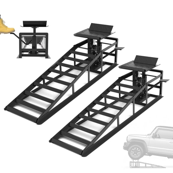 Hydraulic Car Ramps with step, 2 Pack Car Ramp High Lift, 11050LBS Automotive Truck Cars Ramps, Low Profile Oil Change Ramps with Support Jack for Car Truck Trailer Garage Repair (Black)