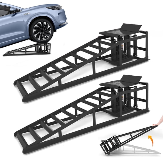 Hydraulic Car Ramps with wheel, 2 Pack Car Ramp High Lift, 11000LBS Automotive Truck Cars Service Ramps, Low Profile Oil Change Ramps with Support Jack for Car Truck Trailer Garage Repair (Black)