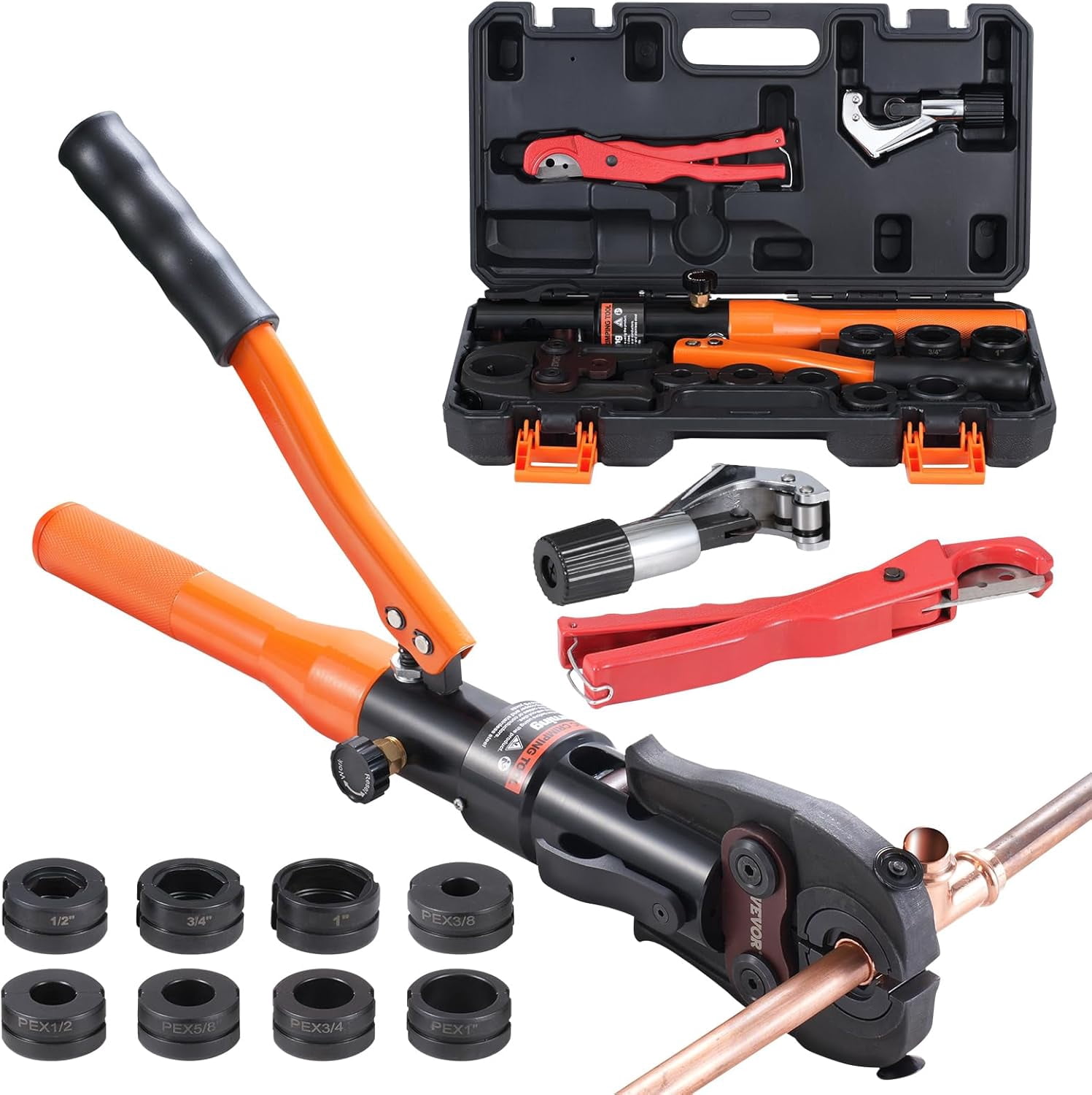 Hydraulic Copper Pipe Crimping Tool, 360° Rotatable Press Tool with Multi Size Jaws for Copper Pipe & ASTM F1807 Pex Pipe Copper Ring