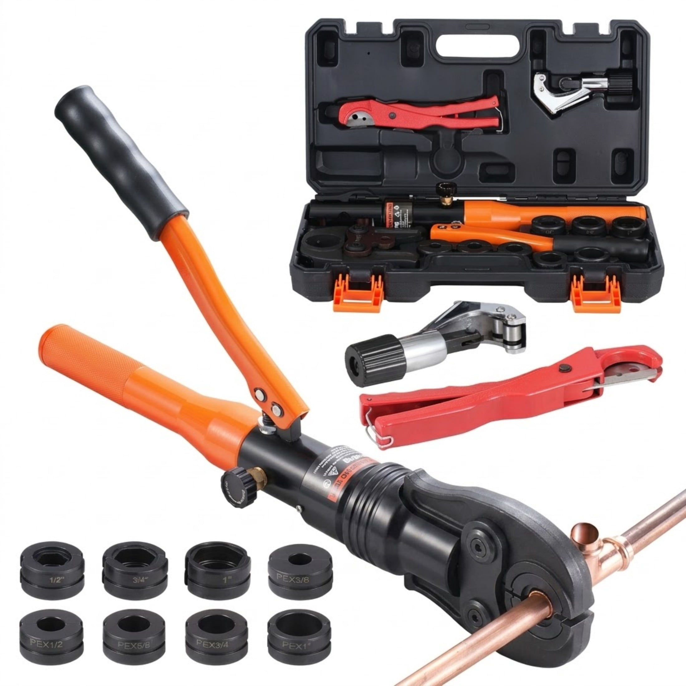 Hydraulic Copper Pipe Crimping Tool, Press Tool with 1/2", 3/4", 1" Jaws for Copper & 3/8", 1/2", 5/8", 3/4", 1" Jaws for ASTM F1807 PEX