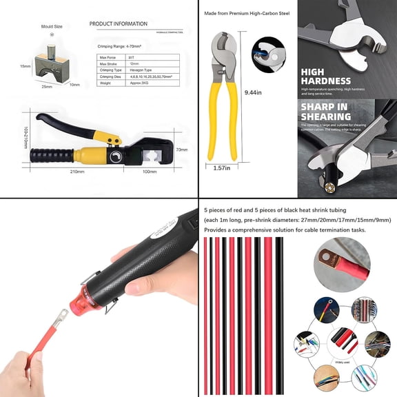 Hydraulic Crimping Tool,with Cable Cutter & 9 Dies,Dattery Terminal Cable Crimper tool for 12 to 2/0 AWG, With Mini Heat Gun and Heat Shrink Tubing