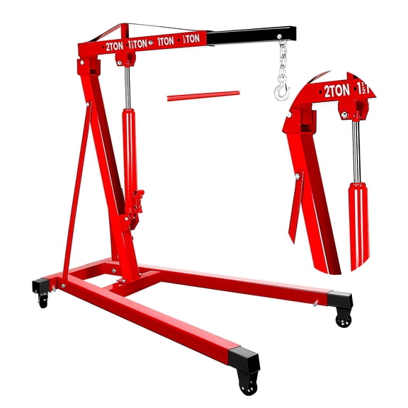 Hydraulic Engine Crane, 2T Compact Vertical Storage, Braked Casters, Engine Hoist, Garage Lift Jack, Auto Workshop, Industrial Haul