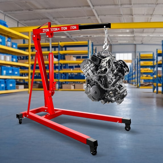 Hydraulic Engine Crane, Compact Design with 4 Casters, 4400LBS Capacity, Rust Resistance, Engine Hoist, Garages, Workshops, Heavy Machinery