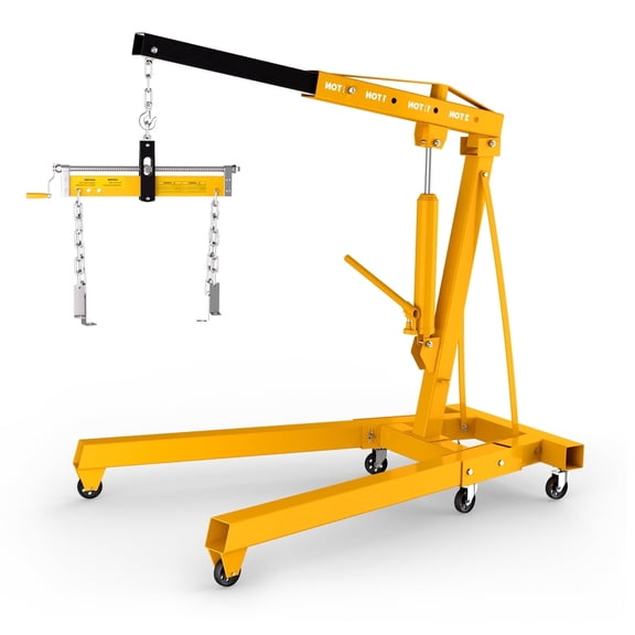 Hydraulic Engine Crane, Yellow Folding Hoist, 2 in 1 Engine Hoist & Leveler, 4400lb, 4 Gears, for Engine Removal, Auto Repair, Service Station