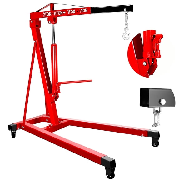 Hydraulic Engine Hoist, 2 Ton/4400 LBS Load Capacity, Heavy Duty Cherry Picker Shop Crane with 8-Ton Hydraulic Pump & 360° Casters, Engine Crane for Industrial Sites, Garage Use, Construction