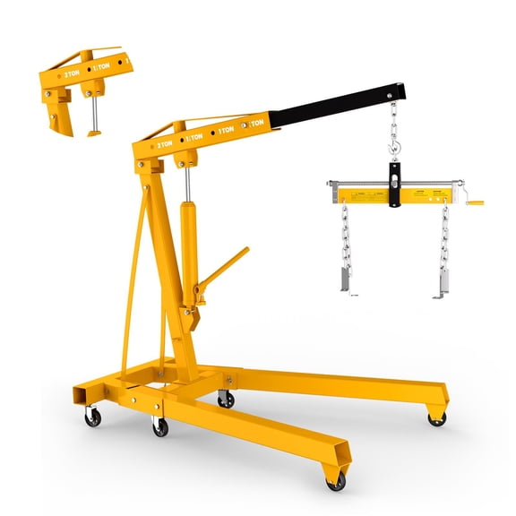 Hydraulic Engine Hoist, 4400 Lbs Heavy-Duty Folding Shop Crane with Telescopic Boom & 6 Locking Casters, Portable Cherry Picker Lift for Garage Workshop Warehouse, Yellow