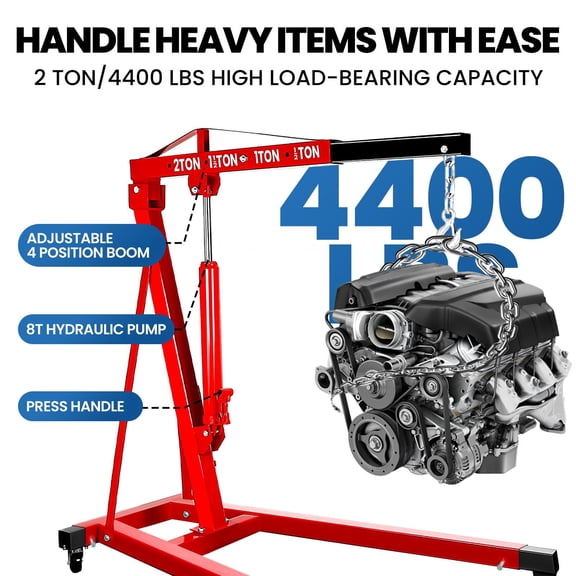 Hydraulic Engine Hoist with Leveler, 2 Ton Cherry Picker, 4400 LBS Hydraulic Crane, Shop Crane for Small Engine Repairs, Engine Crane for Garages, Engine Lift for Workshops