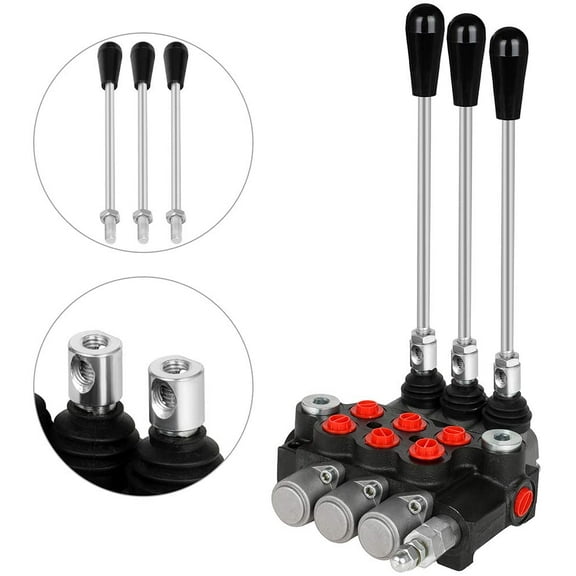 Hydraulic Flow Control Valve 3 Spool 11 GPM SAE Ports Adjustable Relief Lever Handle Double Acting Parallel Center Tractor Loader W/ Joystick for Small Tractors/Tanks Loaders Log Splitters