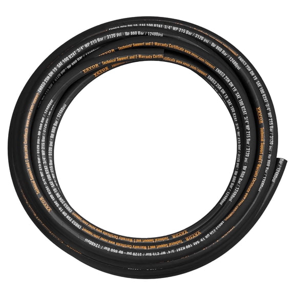 Hydraulic Hose 3/4 in x 50 ft, 3120 PSI Rubber with 2 Steel Wire Braids, Flexible Bulk Oil Line for Auto, -20 to 140C