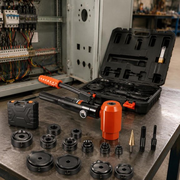 Hydraulic Knockout Punch Set, 15 Ton, 1/2 in to 4 in, 10 Dies, for Metal Electrical Cabinets