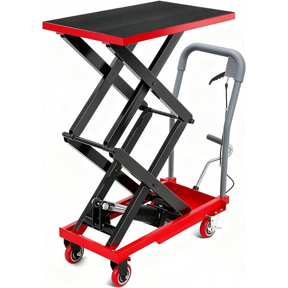 Hydraulic Lift Table Cart 330 lbs Capacity 50 In Double Scissor Lift Table with Locking Wheels and Non-Slip Platform for Material Handling Red