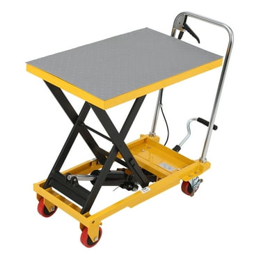 Hydraulic Lift Table Cart 330lbs, Lift Table Capacity 28.4" Lifting Height, Manual Single Scissor with Pressure Relief Bar, 4 Wheels Non-Slip Pad Thickness 3mm for Material Handling, Yellow
