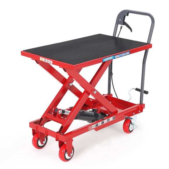 Hydraulic Lift Table Cart, 330lbs Capacity 28.5" Lifting Height Hydraulic Table Cart, Single Scissor Lift Table with Non-Slip Pad for Material Handling and Transportation, Red