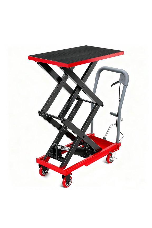 Hydraulic Lift Table Cart 770 lbs Capacity Manual Double Scissor Lift 14-50 inch Height Non-Slip Platform 4 Wheels Mobile Material Handling Cart Red Black with Gloves