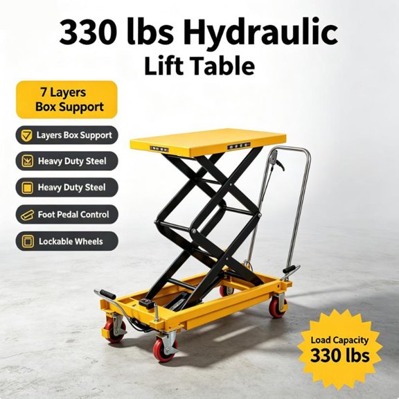 Hydraulic Lift Table Cart, Mobile Scissor Platform 330 lbs, 50In Max Lift | 27.56"17.72" Wide Platform, 7Layer Support, Carbon Steel for Logistics, Garage Repair & Retail Shop Use