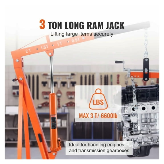 Hydraulic Long Ram Jack 3 Ton - Engine Hoist Cylinder, 26.2-46 Inch Lift, Clevis Base, Single Pump, Heavy Duty Steel