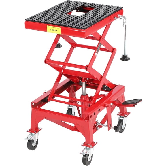 Hydraulic Motorcycle Lift Jack Table 350 lbs Capacity Scissor Jack Stand with Wide Deck Foot Pump Lift 4 Wheels for ATV Dirt Bikes and Bikes Red