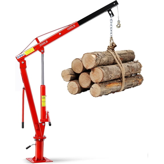 Hydraulic Pickup Truck Crane 2 000 LBS Folding Steel Jib Hoist with 360 Swivel Adjustable Boom for Construction Factory Loading Red