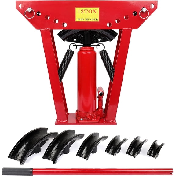 Hydraulic Pipe Bender 1/2 Inch 12 Ton Diameter 6 Dies (1/2",3/4",1",1-1/4",1-1/2",2") Manual Heavy-Duty Pipe Bending Machine and 2 Adjustable Rollers Tubing Bender 180 Degrees