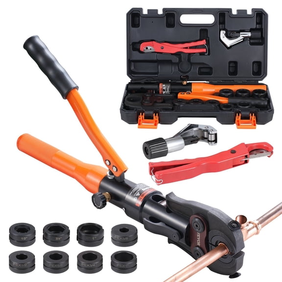 Hydraulic Pipe Crimping Tool Kit with Multi-Size Jaws for Copper & Pex Pipe