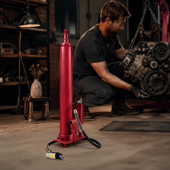 Hydraulic Pneumatic Long Ram Jack, 8 Ton, Single Piston Pump, Clevis Base, Manual Cherry Picker Handle