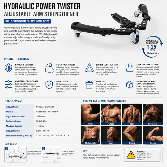 Hydraulic Power Twister Adjustable Resistance 22-440.9lbs Arm Muscle Trainer with 3 Wheels, Carbon Steel Chest Exerciser for Home Gym Fitness, Portable Strength Training Equipment