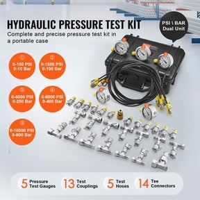 Hydraulic Pressure Test Kit, 5 Gauges 13 Couplings 14 Tee Connectors 5 Test Hoses,10/100/250/400/600bar, Excavator Hydraulic Test Gauge Set with Carrying Case for Excavator Tractors Machinery