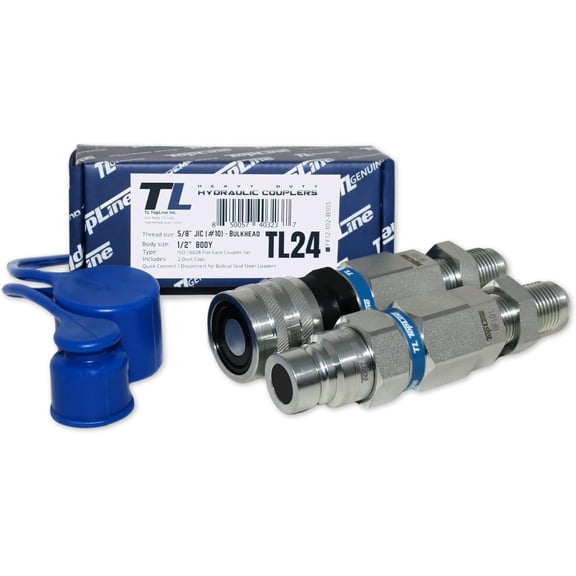 Hydraulic Quick Connect Coupler, 5/8" (#10) JIC Thread, Flat Face Bulkhead, 1/2" Body Size, ISO 16028, Heavy-Duty Coupling Set with Dust Caps for Bobcat Skid Steer Loaders | Model TL24