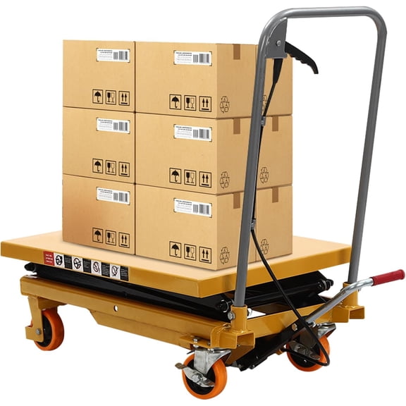 Hydraulic Scissor 330LBS Capacity, Cart Lift Table Cart 49-Inch Lifting Height, Multifunctional Free Standing Lifting Table with 4 PU Wheels and Foot Pump for Material Handling Yellow