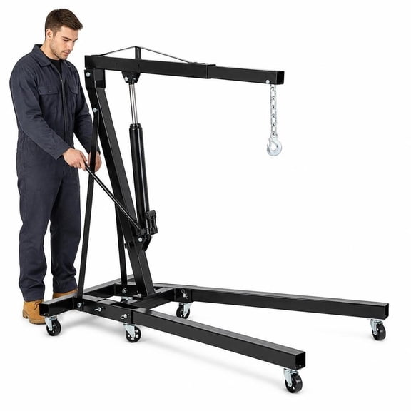 Hydraulic Shop Crane, 2 Ton Capacity, Folding Design, Heavy Duty Steel Construction, 6 Swivel Caster Wheels
