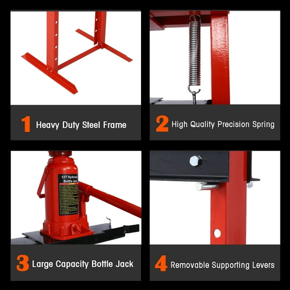Hydraulic Shop Press,12-Ton Capacity,Floor Mount,With Press Plates,H-Frame Garage Floor Press,Adjustable Working Table Height,Red,Red Steel