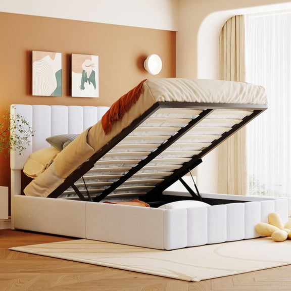 Hydraulic Storage Upholstered Platform Bed - White. Plywood Build, 12 Reinforced Slats. No Box Spring Requirement. Lovely Linen Upholstery. 400lb Weight Capacity. 78.3"l X 57.4"w 45.5"h. Mattress