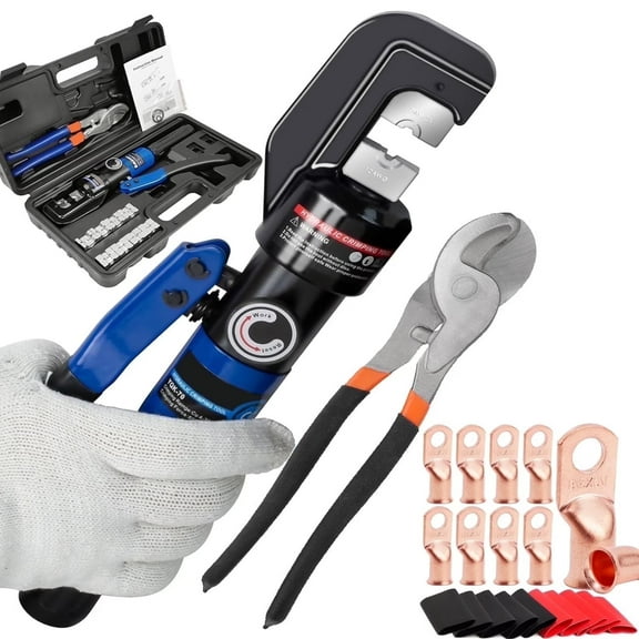 Hydraulic Wire Terminal Crimping Tool and Cable Cutter 8 Ton 12 AWG to 00 (2/0) with Cable Lugs 9 Pairs of Dies