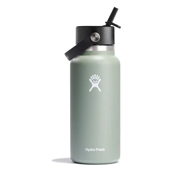 Hydro Flask Vacuum Insulated Stainless Steel Water Bottle Flask - Wide Closeable Straw Lid - 32 oz - Agave