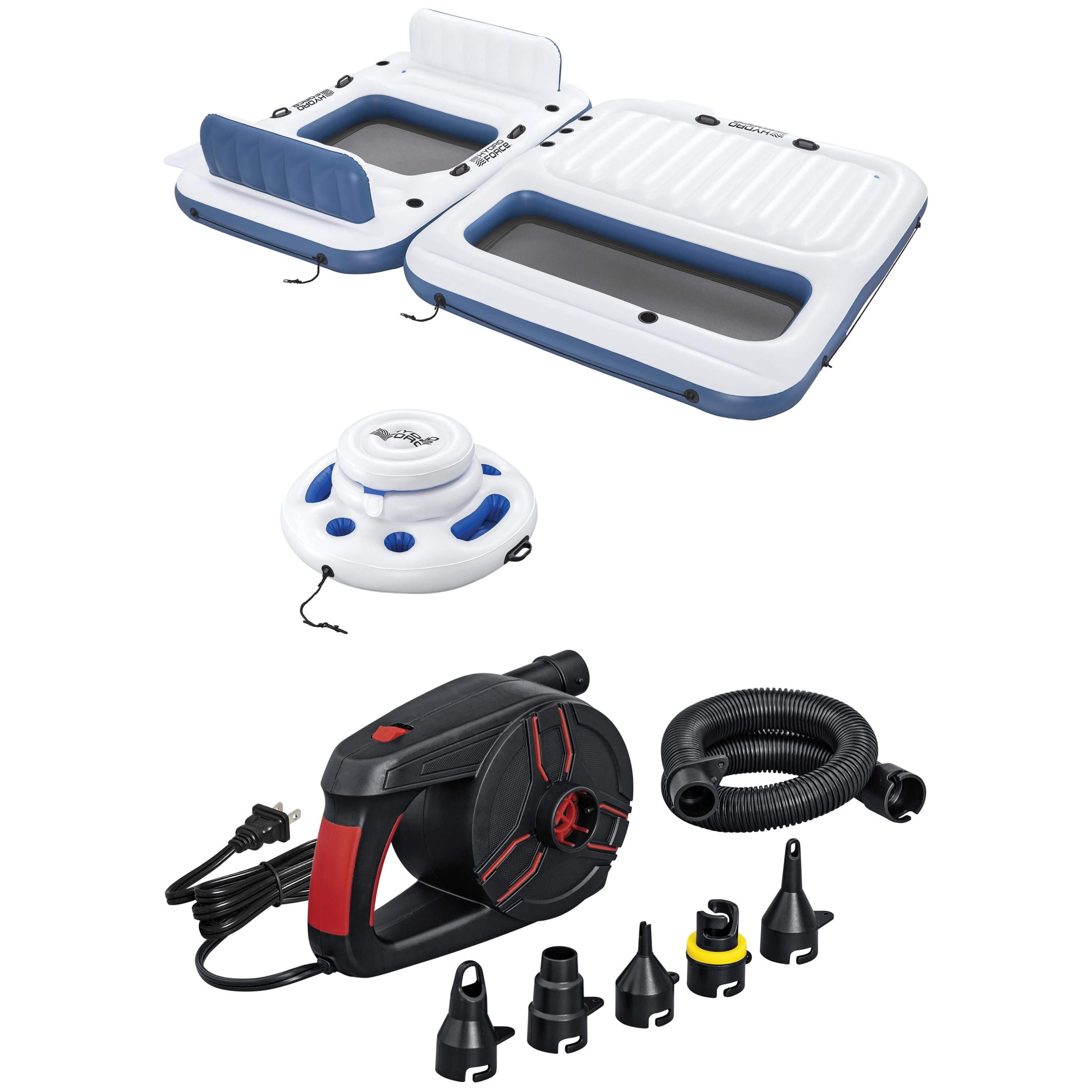 Hydro Force Bloc Party 8-Person Modular Inflatable Party Island and Floating Cooler + Ozark Trail AC Pump