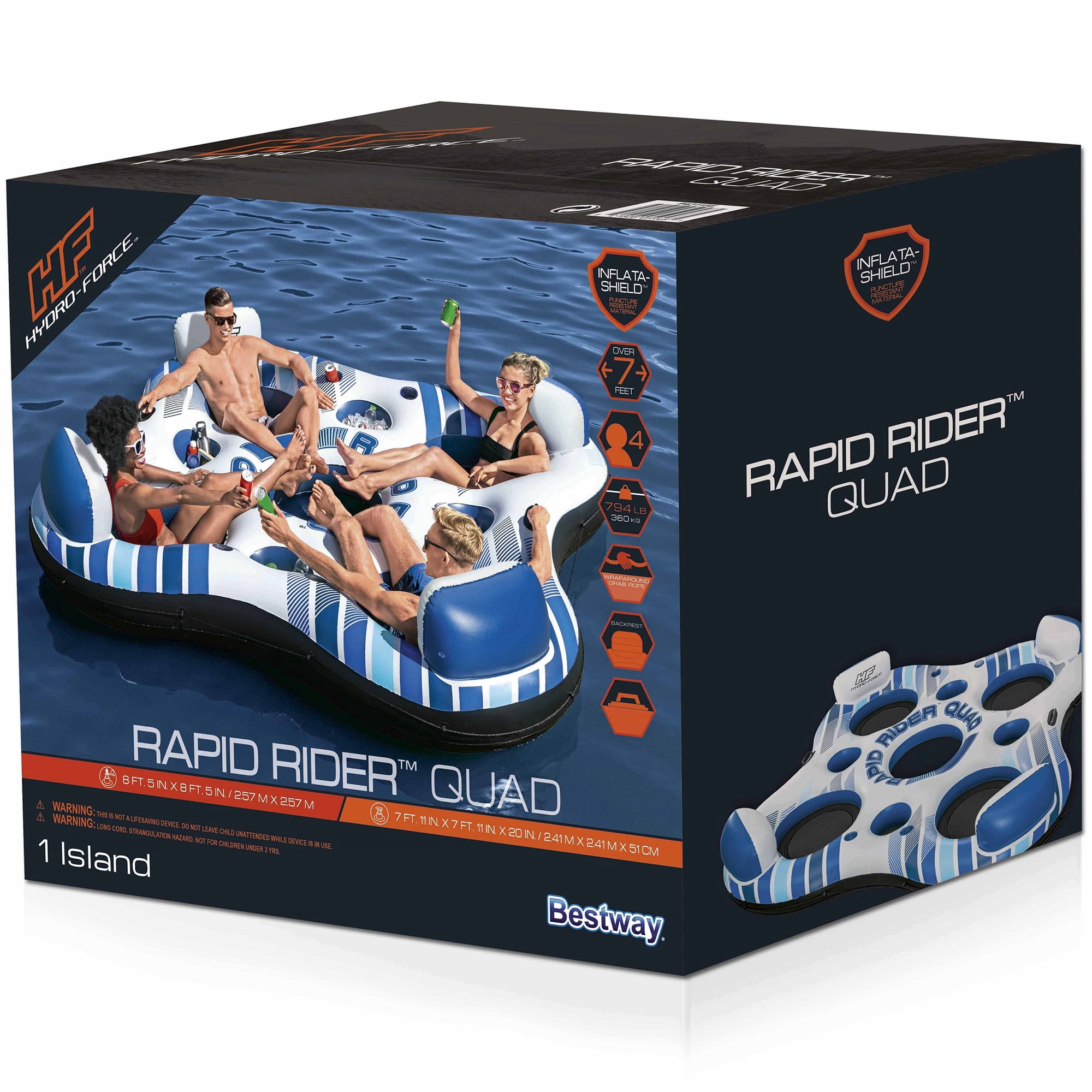 Hydro Force: Rapid Rider Quad River Tube - 8'5" x 8'5"  - Blue & White, Seats Up To 4 Adults, Built In Cupholders, Inflata-Shield Material, Punture Resistant, 784 lb Weight Capacity