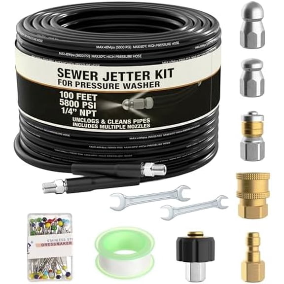 Hydro Jetter, Hydro Jet, Hydrojet, Sewer Jetter Kit for Pressure Washer, Water Jet Drain Cleaner, Sewer Line Cleaning, Pressure Washer Drain Cleaner, Culvert Cleaning Tool, Hose Kit, 100 FT$$Tools