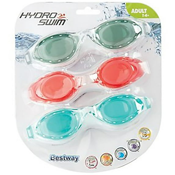 Bestway: Hydro-Swim Goggles - 3pk Set - Adult Pool Gear, Polycarbonate Lenses, Anti Fog, UV Protection, Adjustable Fit Silicone Strap, Water Accessory